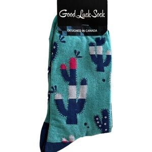 Good Luck Sock Crew Socks with Blue Cactus Adult Shoe Size 7-12